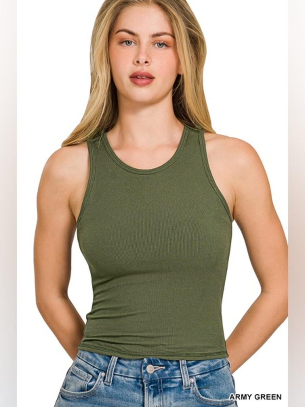Butter Soft Ribbed Racerback Tank | Built-In Removable Pads | Army Green - Picture 1 of 1